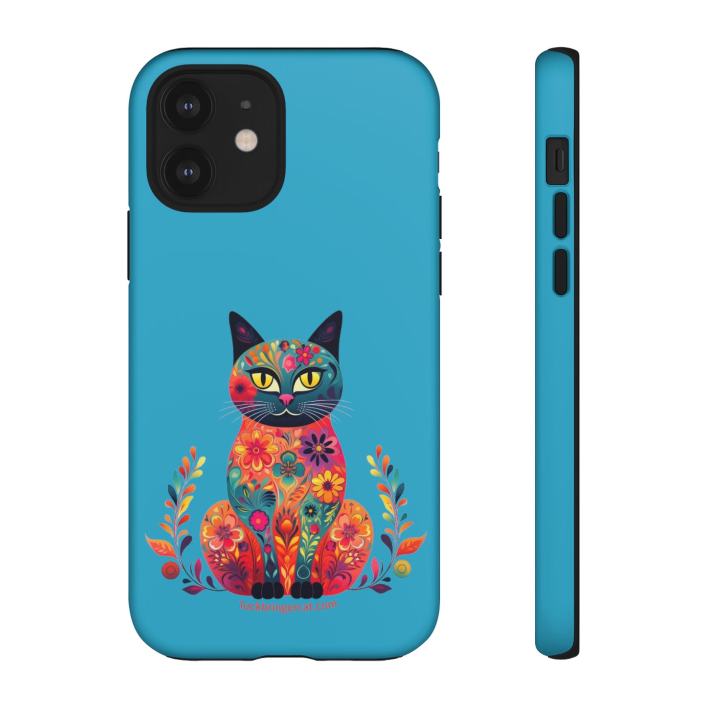 Phone Case for Cat Lovers- iPhone, Samsung Galaxy, Google Pixel- Colorful Floral Cat-Turquoise-Graphic