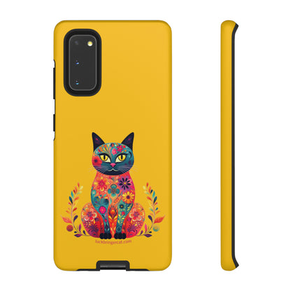 Phone Case for Cat Lovers- iPhone, Samsung Galaxy, Google Pixel- Colorful Floral Cat-Yellow-Graphic