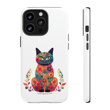 Phone Case for Cat Lovers- iPhone, Samsung Galaxy, Google Pixel- Colorful Floral Cat-White-Graphic