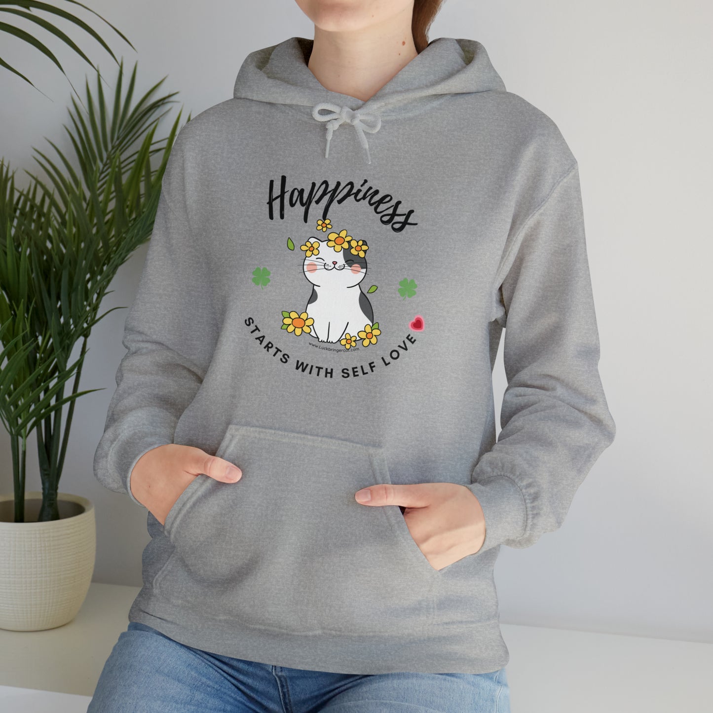 Cat Lovers Selflove Hooded Sweatshirt with Happy Cute Cat- Lucky Clover