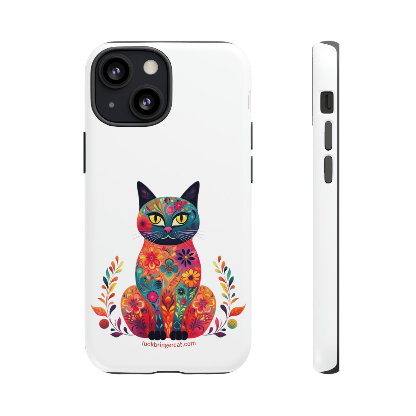 Phone Case for Cat Lovers- iPhone, Samsung Galaxy, Google Pixel- Colorful Floral Cat-White-Graphic