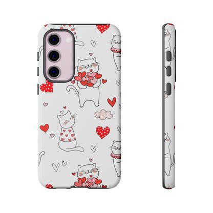 Premium-quality tough protective phone cases for iPhone, Samsung and Google - White With Cute Cartoon Cats and Red Hearts