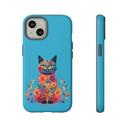 Phone Case for Cat Lovers- iPhone, Samsung Galaxy, Google Pixel- Colorful Floral Cat-Turquoise-Graphic