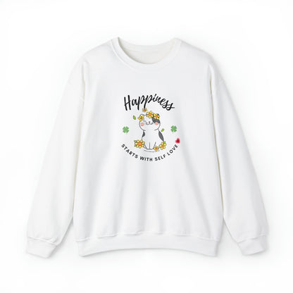 Selflove Sweatshirt With Happy Cute Cat- Happiness Starts With Self Love Shirt