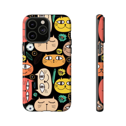 cat lovers phone case with cute colorful cartoon cats - iPhone 15 Plus, iPhone 15 Pro, iPhone 15 Pro Max, iPhone 14 Plus, iPhone 14 Pro, iPhone 14 Pro Max, iPhone 13 mini, iPhone 13 Pro, iPhone 13 Pro Max, iPhone 12 mini, iPhone 12 Pro, iPhone 12 Pro Max, iPhone 11 Pro, iPhone 11 Pro Max, iPhone X, iPhone XR, iPhone XS, iPhone XS Max, iPhone 8, iPhone 8 Plus- gift for cat moms kitten lovers-black