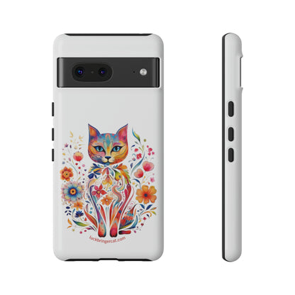 Phone Case for Cat and Flower Lovers- iPhone, Samsung Galaxy, Google Pixel- Colorful Floral Cat-White