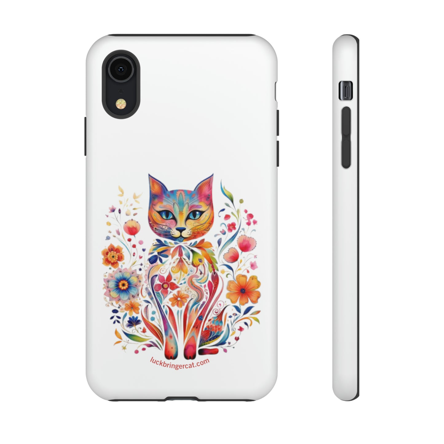 Phone Case for Cat and Flower Lovers- iPhone, Samsung Galaxy, Google Pixel- Colorful Floral Cat-White