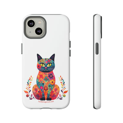 Phone Case for Cat Lovers- iPhone, Samsung Galaxy, Google Pixel- Colorful Floral Cat-White-Graphic