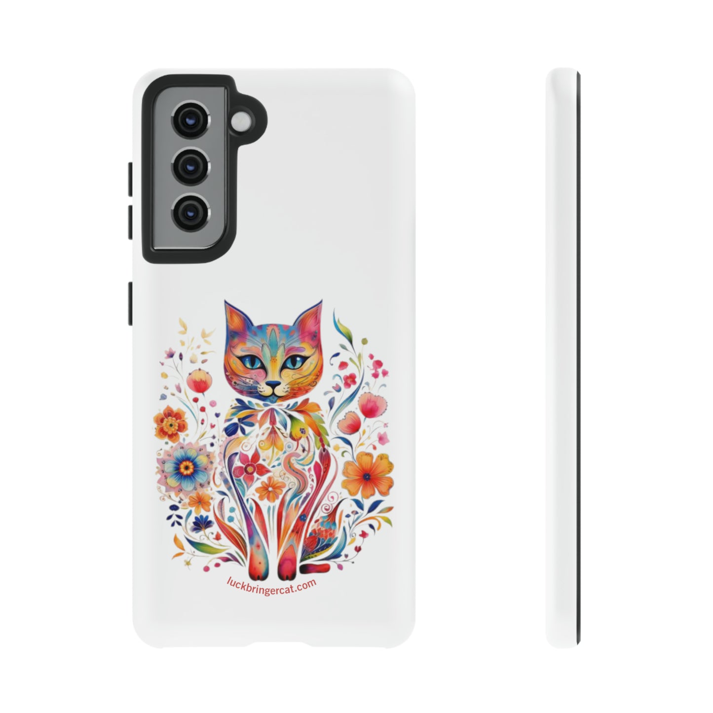 Phone Case for Cat and Flower Lovers- iPhone, Samsung Galaxy, Google Pixel- Colorful Floral Cat-White