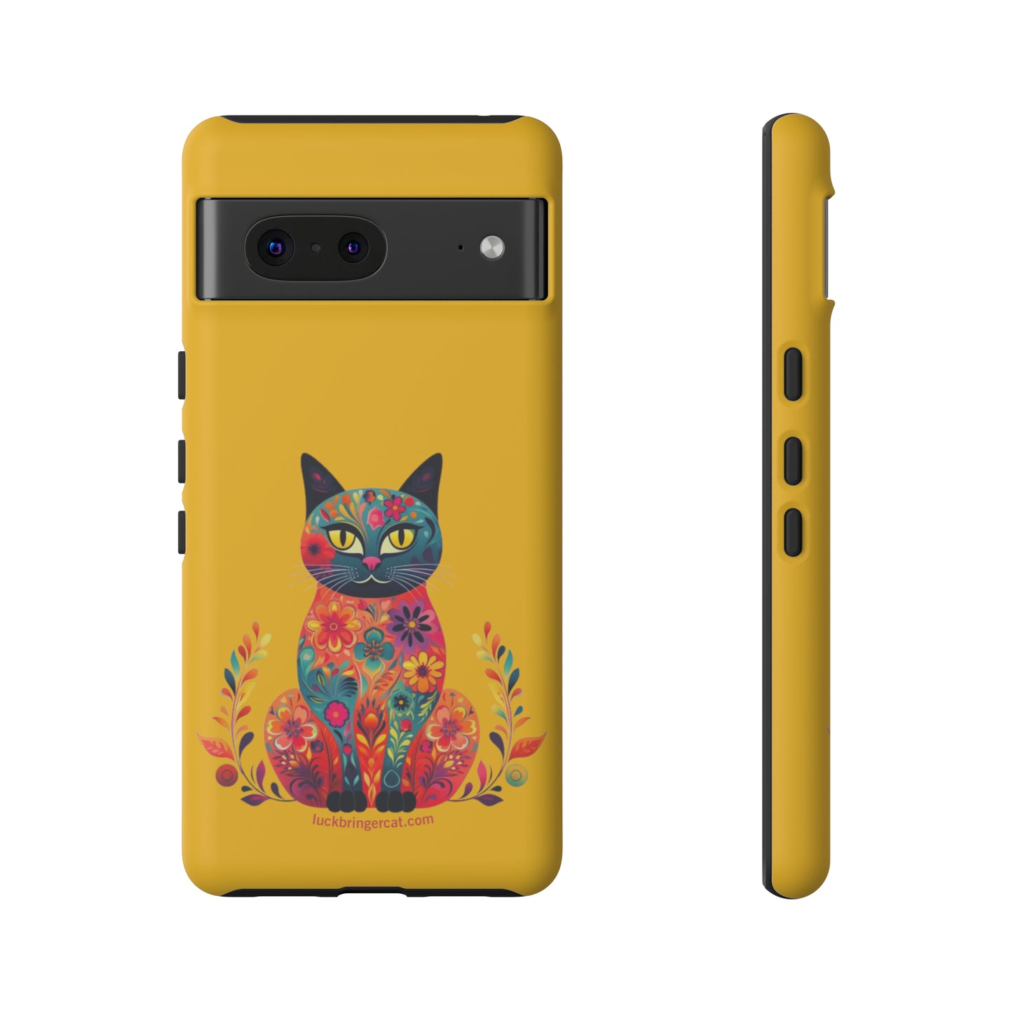 Phone Case for Cat Lovers- iPhone, Samsung Galaxy, Google Pixel- Colorful Floral Cat-Yellow-Graphic