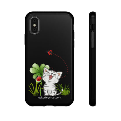 Cute Happy Cat Phone Case- iPhone, Samsung Galaxy, Google Pixel- Black- Lucky Clover Ladybug