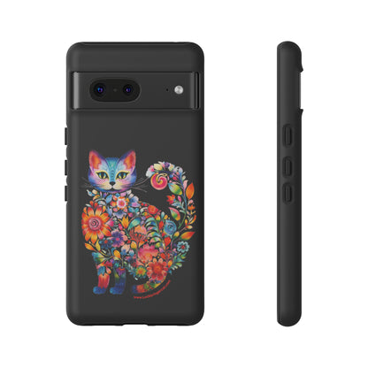 Floral Cat Lovers Phone case- iPhone, Samsung Galaxy, Google Pixel- Black-Tough-Premium Quality