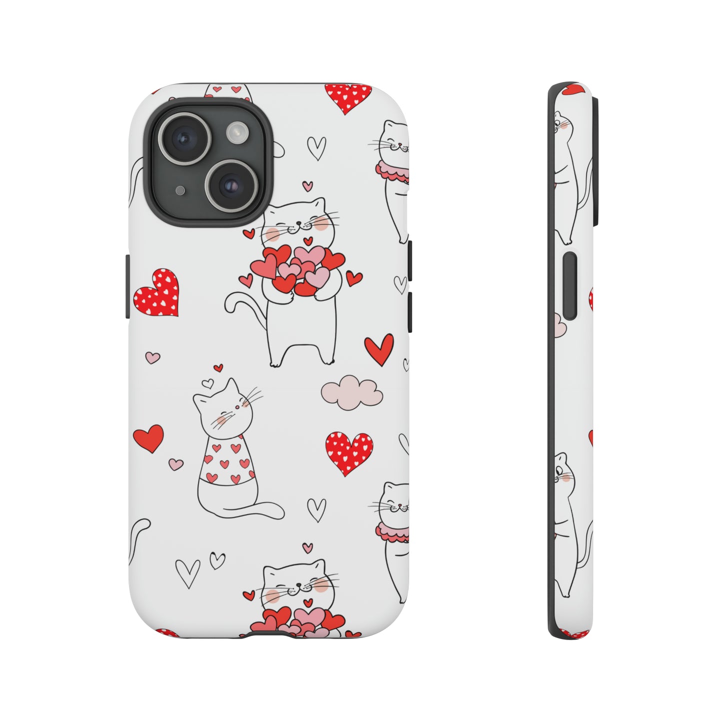 Premium-quality tough protective phone cases for iPhone, Samsung and Google - White With Cute Cartoon Cats and Red Hearts