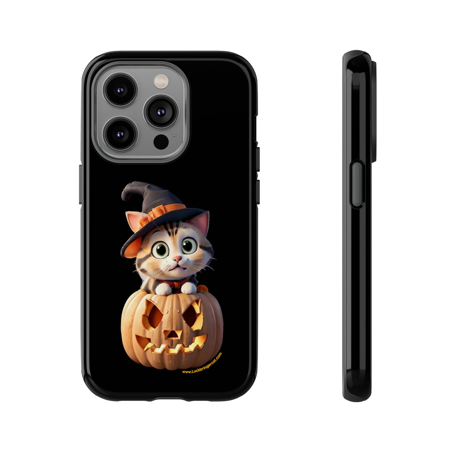 Premium-quality tough protective phone cases for iPhone and Samsung - Halloween Pumpkin Cat - Black