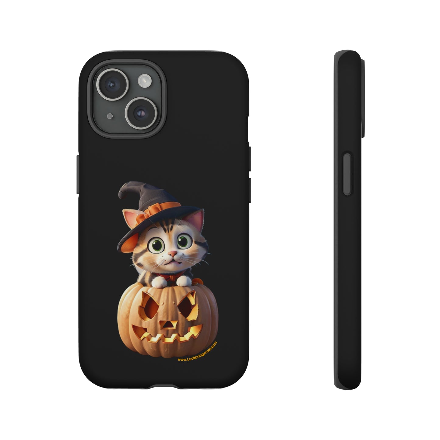 Premium-quality tough protective phone cases for iPhone and Samsung - Halloween Pumpkin Cat - Black