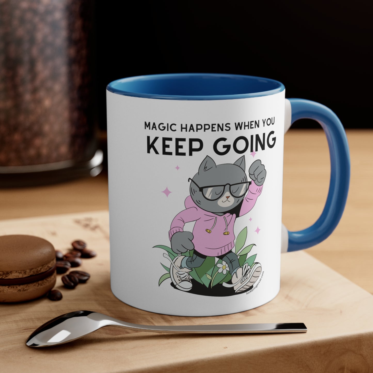 Inspirational Coffee Mug for Cat Lovers - Magic Happens When you Keep Going