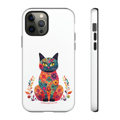 Phone Case for Cat Lovers- iPhone, Samsung Galaxy, Google Pixel- Colorful Floral Cat-White-Graphic