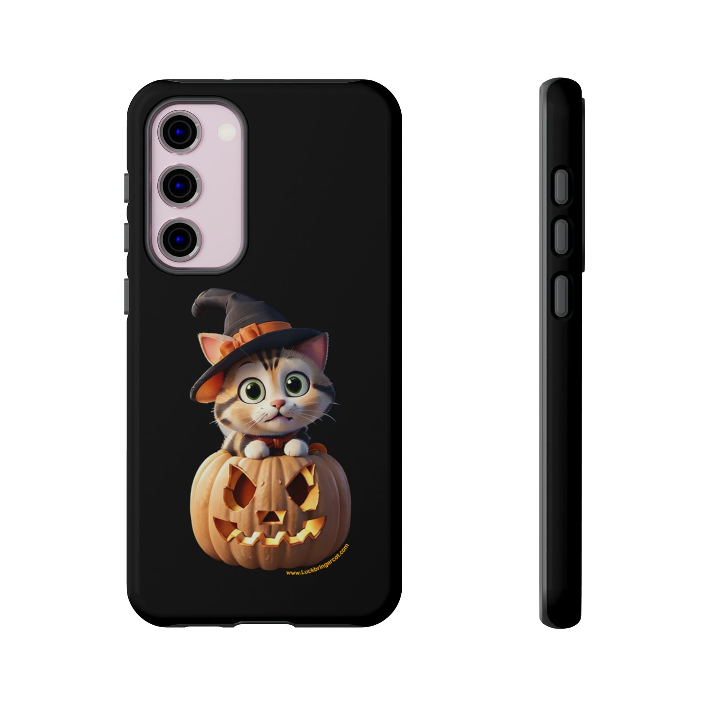 Premium-quality tough protective phone cases for iPhone and Samsung - Halloween Pumpkin Cat - Black