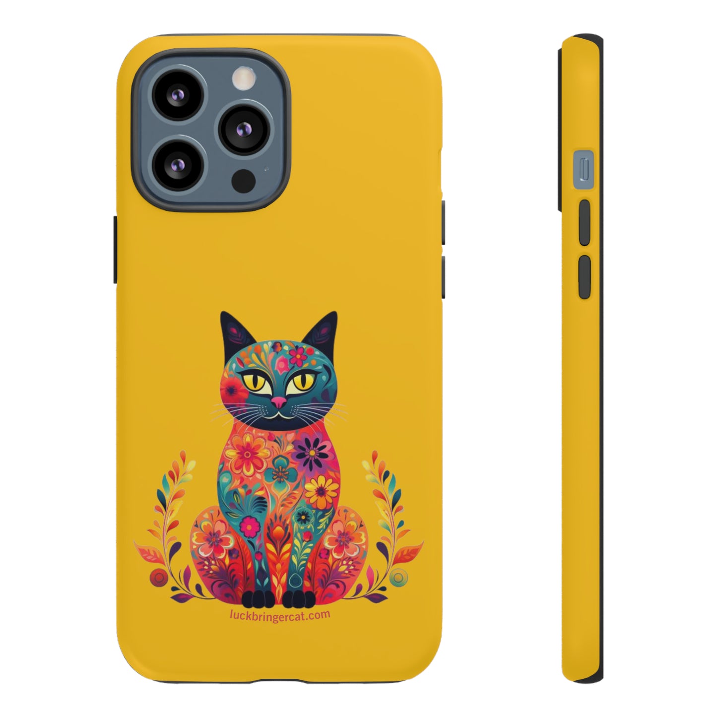 Phone Case for Cat Lovers- iPhone, Samsung Galaxy, Google Pixel- Colorful Floral Cat-Yellow-Graphic