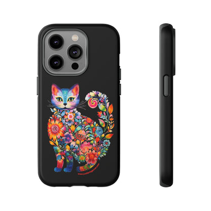 Floral Cat Lovers Phone case- iPhone, Samsung Galaxy, Google Pixel- Black-Tough-Premium Quality