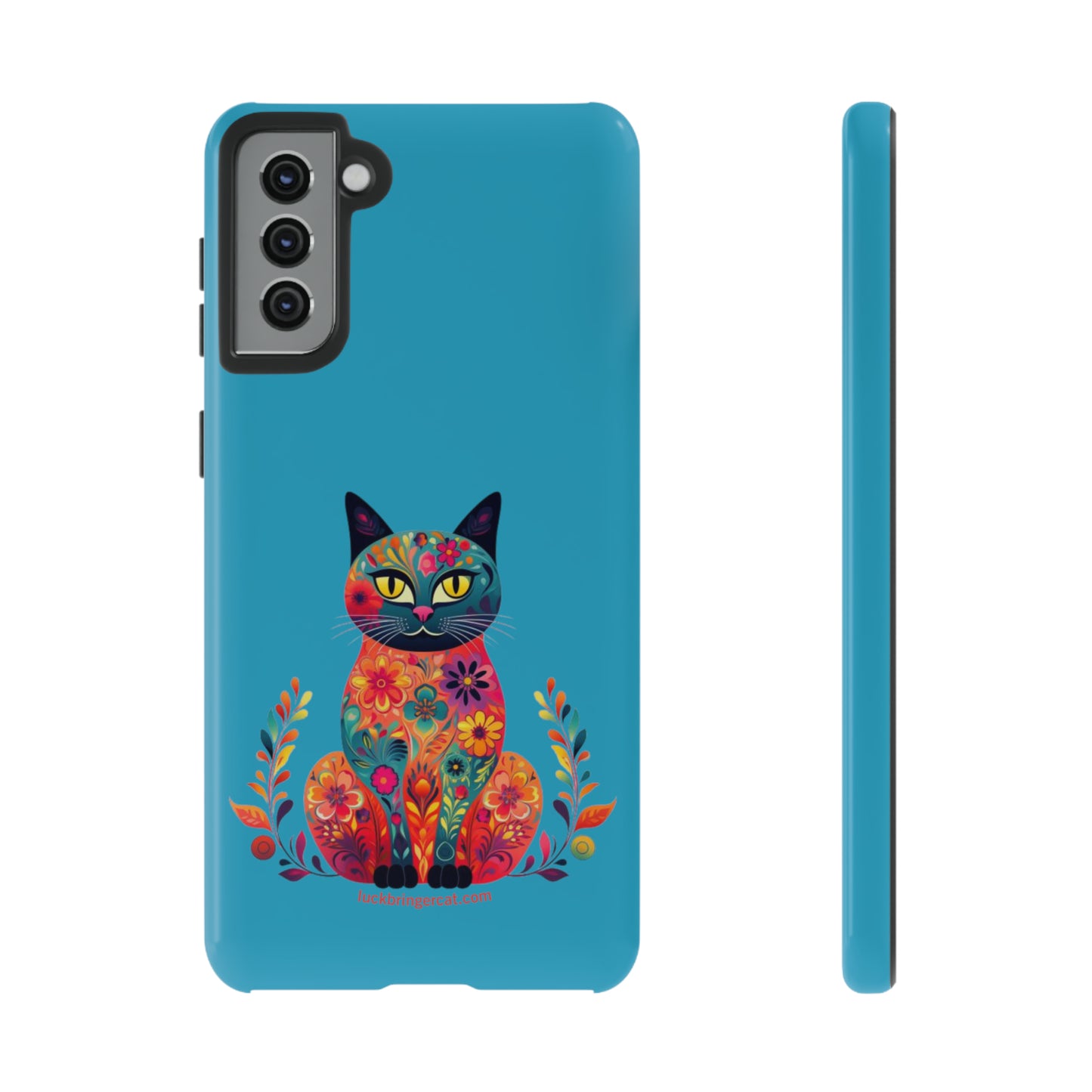 Phone Case for Cat Lovers- iPhone, Samsung Galaxy, Google Pixel- Colorful Floral Cat-Turquoise-Graphic