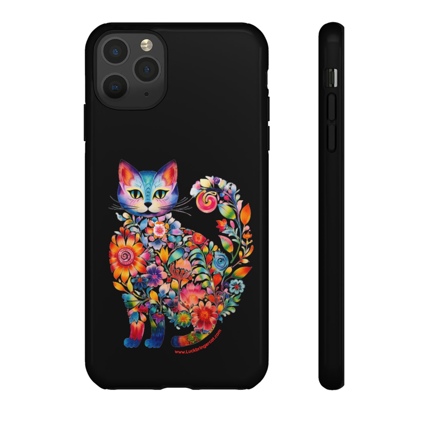 Floral Cat Lovers Phone case- iPhone, Samsung Galaxy, Google Pixel- Black-Tough-Premium Quality