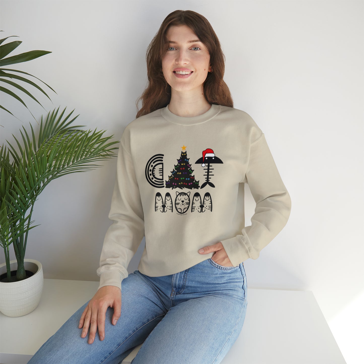 Cat Mom Christmas Crewneck Sweatshirt With Black Cats Christmas Tree