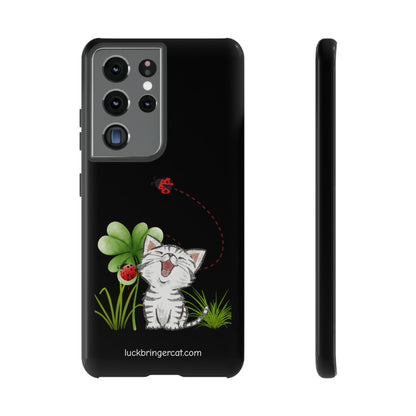 Cute Happy Cat Phone Case- iPhone, Samsung Galaxy, Google Pixel- Black- Lucky Clover Ladybug