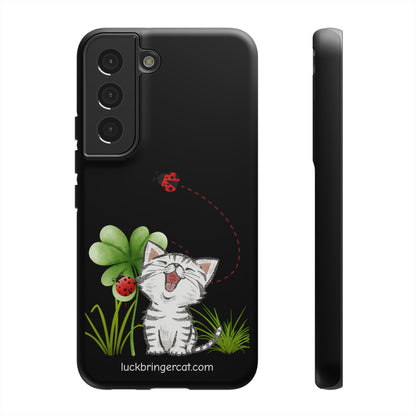 Cute Happy Cat Phone Case- iPhone, Samsung Galaxy, Google Pixel- Black- Lucky Clover Ladybug