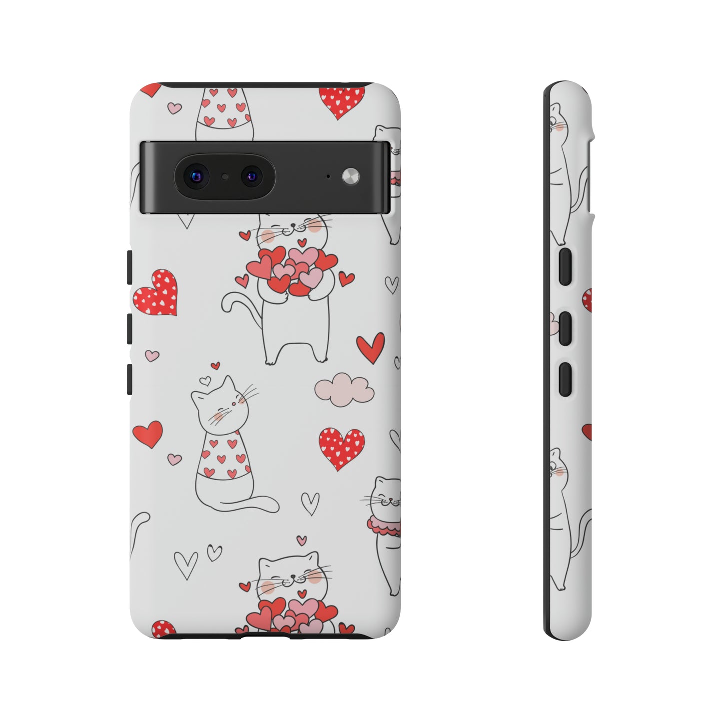 Premium-quality tough protective phone cases for iPhone, Samsung and Google - White With Cute Cartoon Cats and Red Hearts