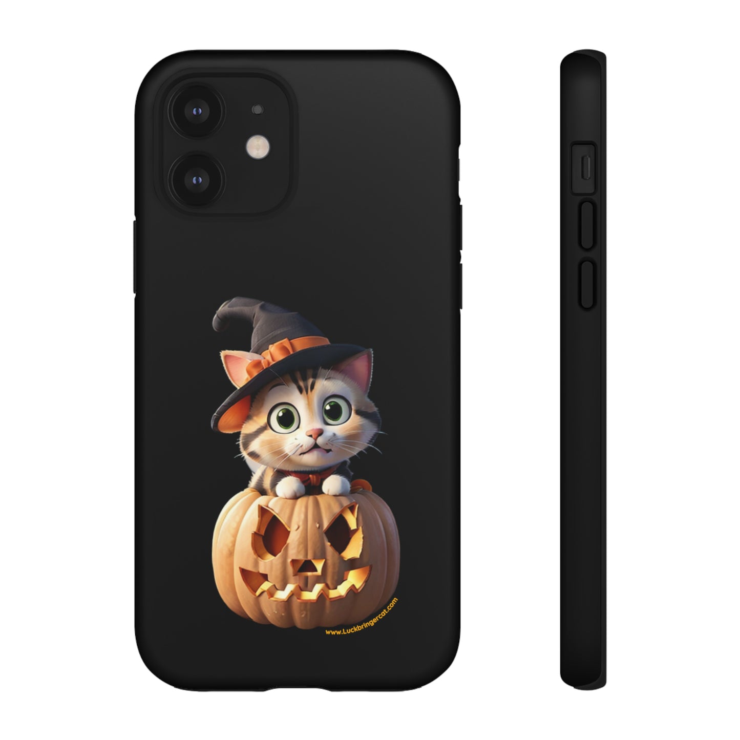 Premium-quality tough protective phone cases for iPhone and Samsung - Halloween Pumpkin Cat - Black