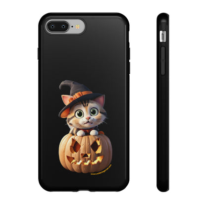 Premium-quality tough protective phone cases for iPhone and Samsung - Halloween Pumpkin Cat - Black