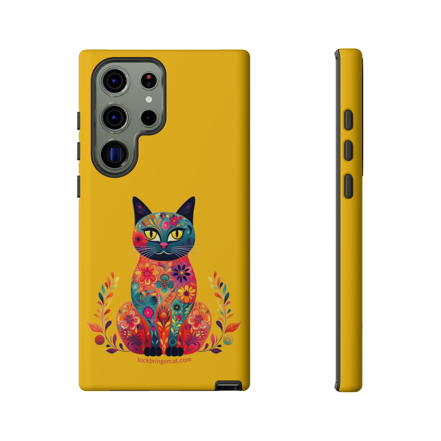 Phone Case for Cat Lovers- iPhone, Samsung Galaxy, Google Pixel- Colorful Floral Cat-Yellow-Graphic