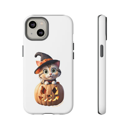 Premium-quality tough protective phone cases for iPhone and Samsung - Halloween Cat - White