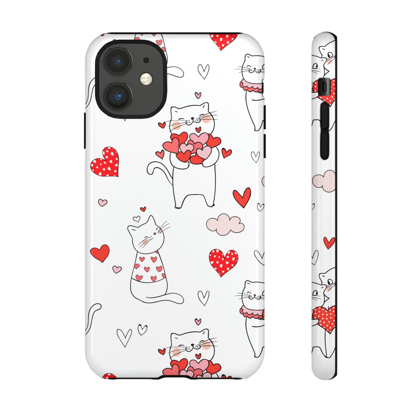 Premium-quality tough protective phone cases for iPhone, Samsung and Google - White With Cute Cartoon Cats and Red Hearts