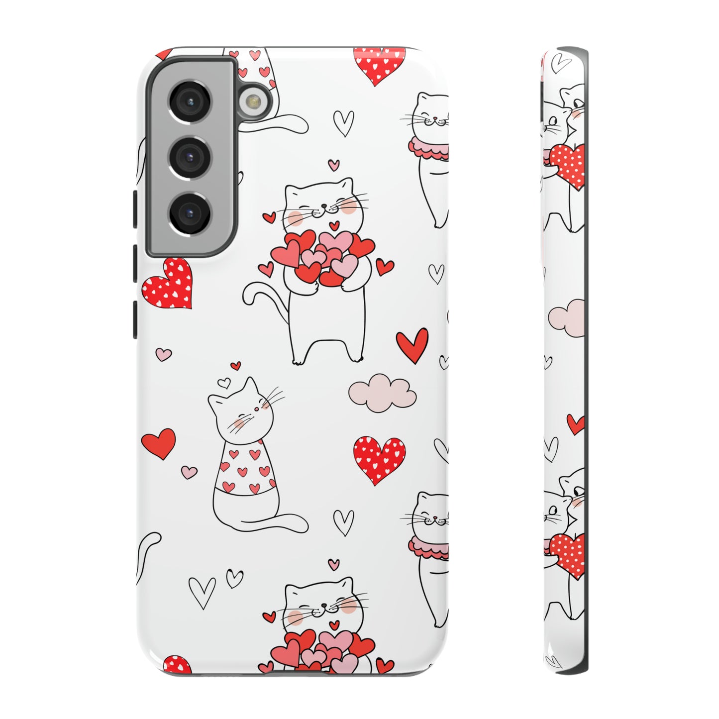 Premium-quality tough protective phone cases for iPhone, Samsung and Google - White With Cute Cartoon Cats and Red Hearts