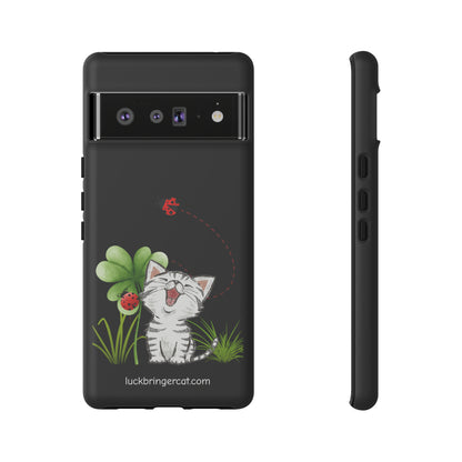 Cute Happy Cat Phone Case- iPhone, Samsung Galaxy, Google Pixel- Black- Lucky Clover Ladybug