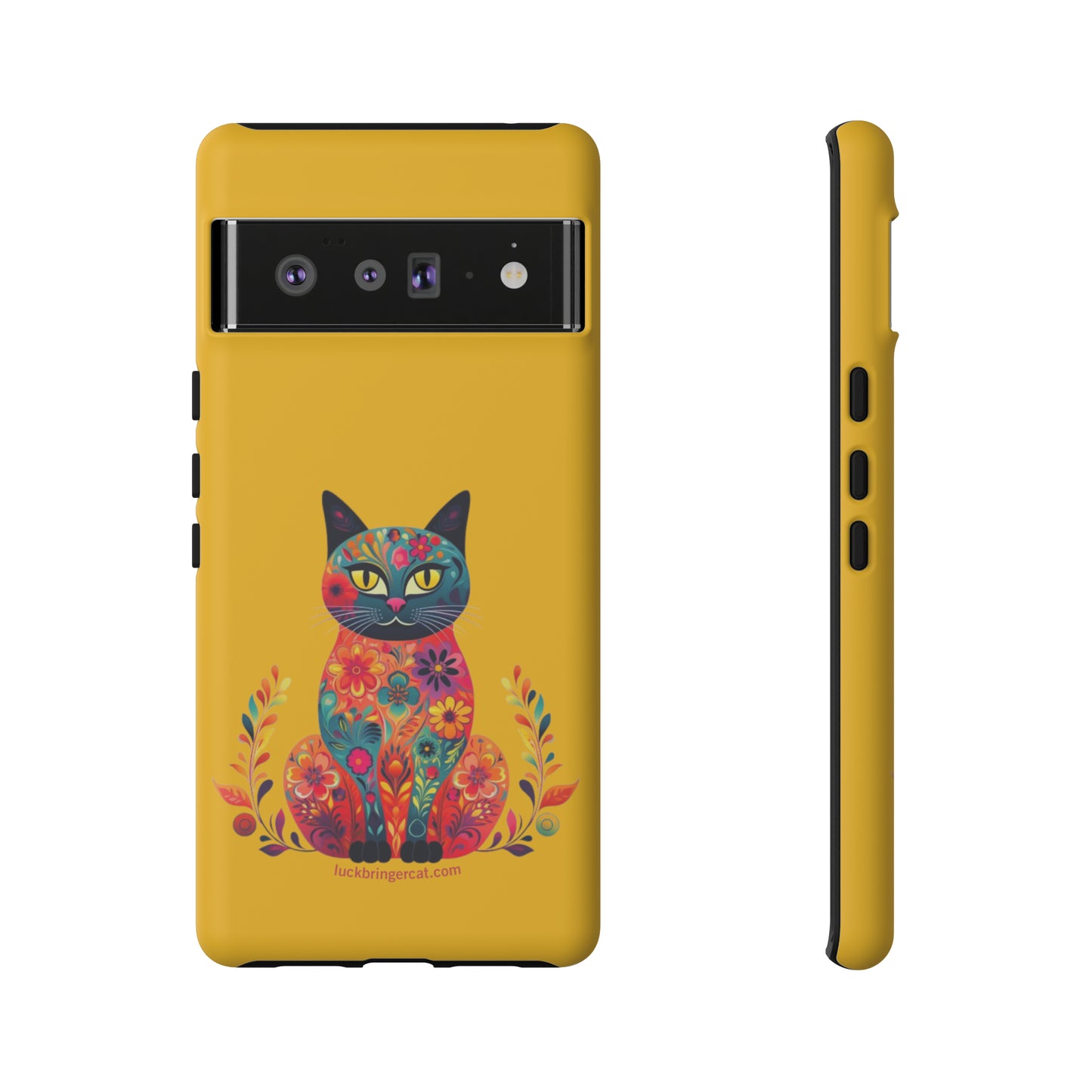 Phone Case for Cat Lovers- iPhone, Samsung Galaxy, Google Pixel- Colorful Floral Cat-Yellow-Graphic