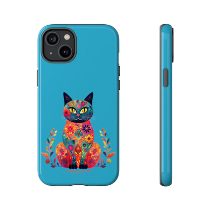 Phone Case for Cat Lovers- iPhone, Samsung Galaxy, Google Pixel- Colorful Floral Cat-Turquoise-Graphic