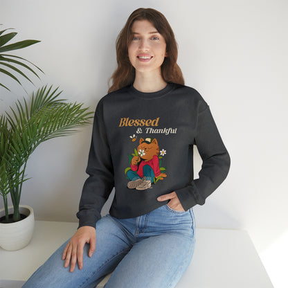 Graphic Thanksgiving Sweatshirt - Blessed and Thankful Cat