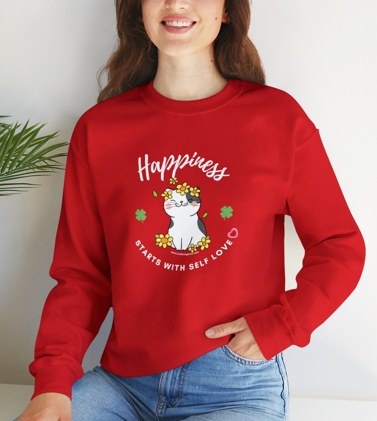 Cat Lovers or Cat Moms shirt- Selflove Sweatshirt With Happy Cute Cat- Happiness Starts With Self Love Shirt- perfect gift for cat lover girls or cat moms - cat mums with lucky four leave clover