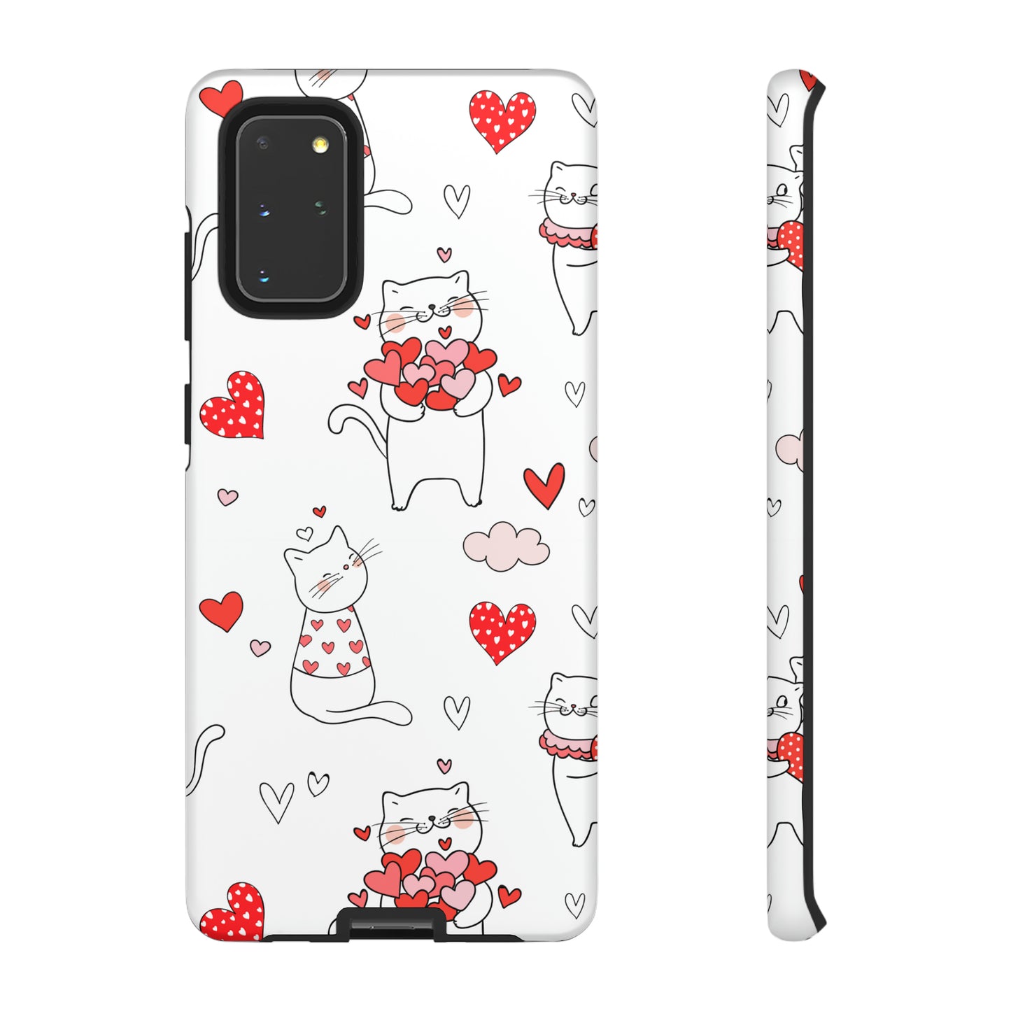 Premium-quality tough protective phone cases for iPhone, Samsung and Google - White With Cute Cartoon Cats and Red Hearts