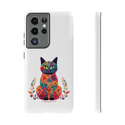 Phone Case for Cat Lovers- iPhone, Samsung Galaxy, Google Pixel- Colorful Floral Cat-White-Graphic