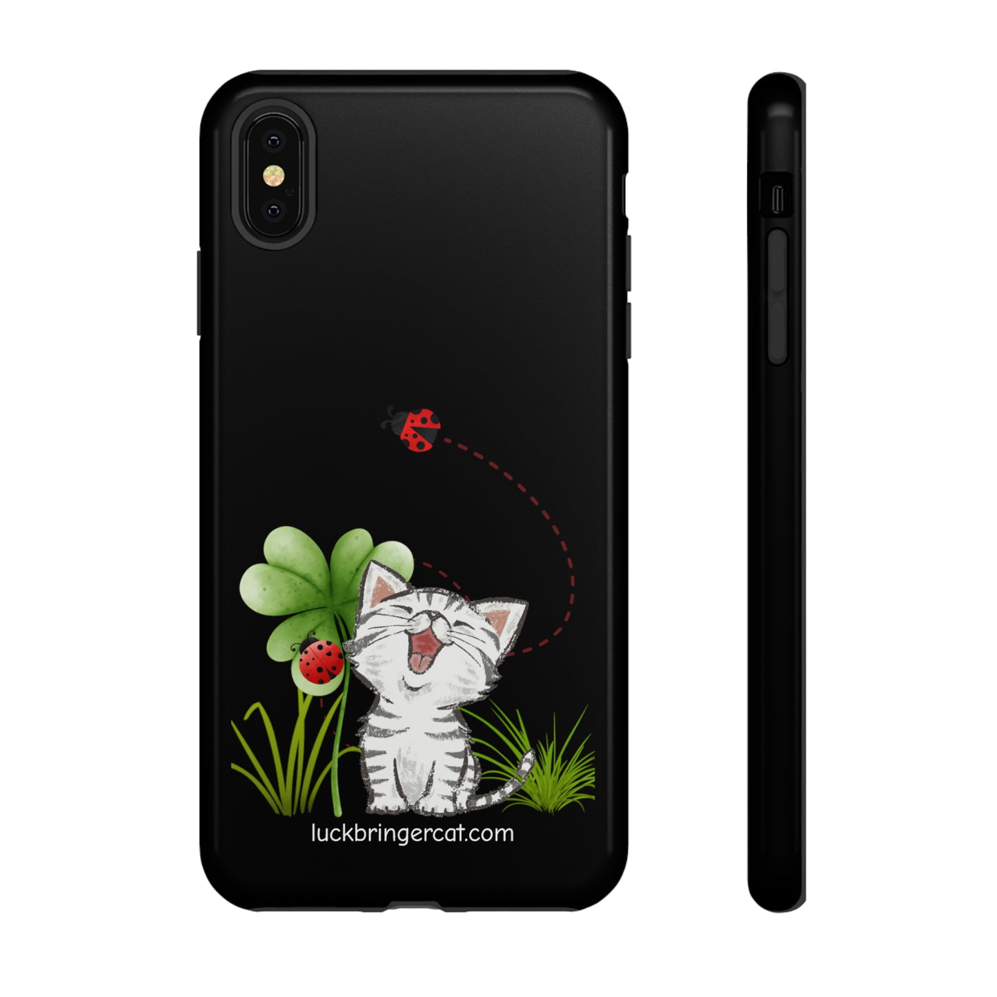 Cute Happy Cat Phone Case- iPhone, Samsung Galaxy, Google Pixel- Black- Lucky Clover Ladybug