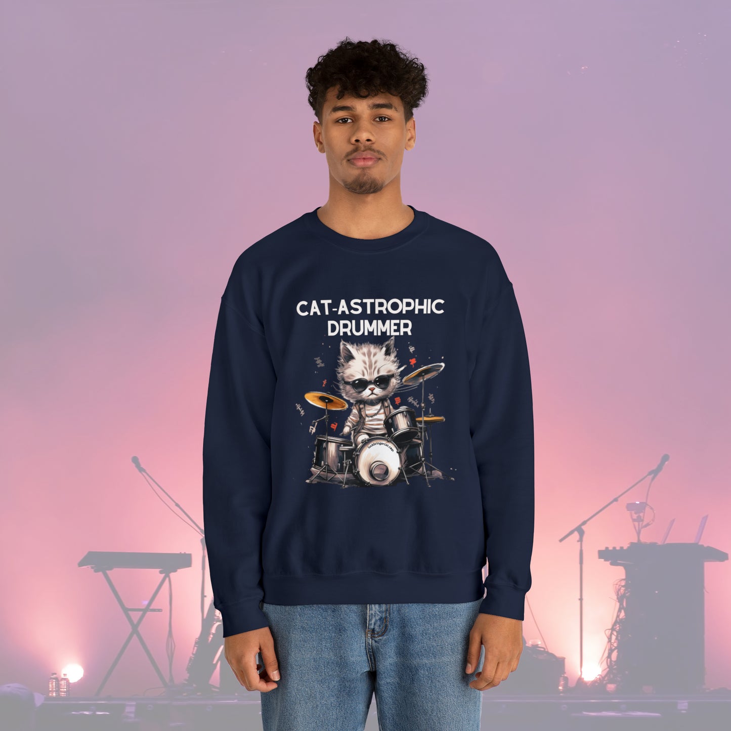 Unisex Crewneck Sweatshirt - Catastrophic Drummer Funny Sweater for Cat Lovers and Drummers