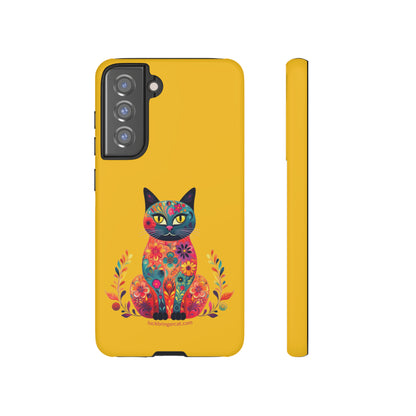 Phone Case for Cat Lovers- iPhone, Samsung Galaxy, Google Pixel- Colorful Floral Cat-Yellow-Graphic