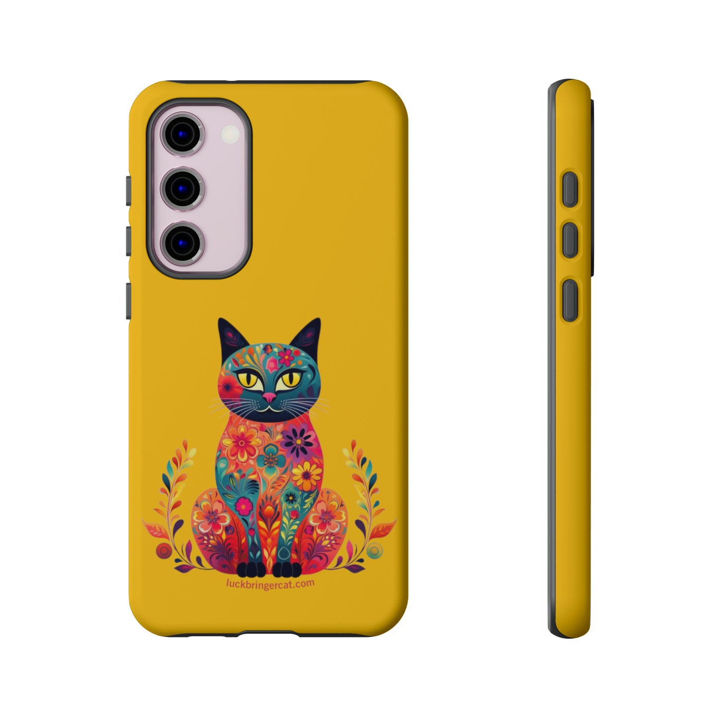 Phone Case for Cat Lovers- iPhone, Samsung Galaxy, Google Pixel- Colorful Floral Cat-Yellow-Graphic