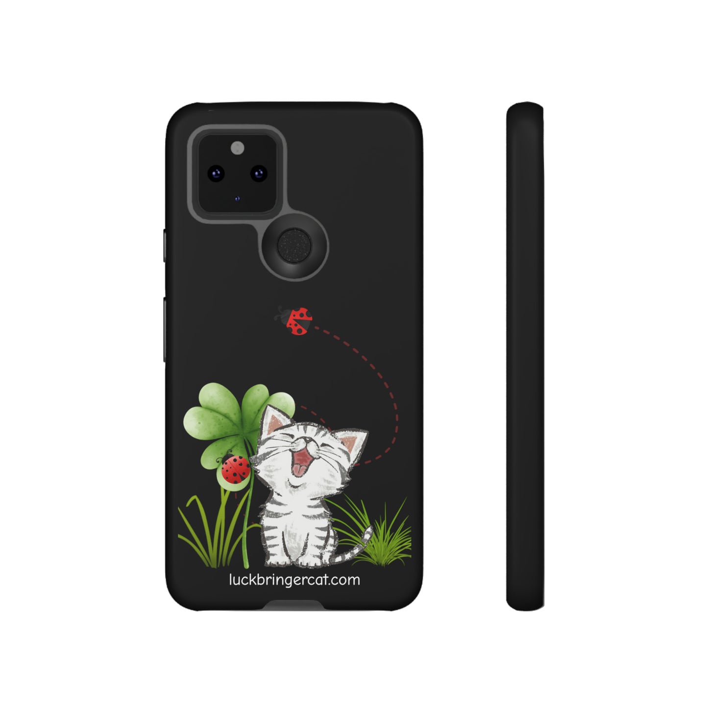 Cute Happy Cat Phone Case- iPhone, Samsung Galaxy, Google Pixel- Black- Lucky Clover Ladybug