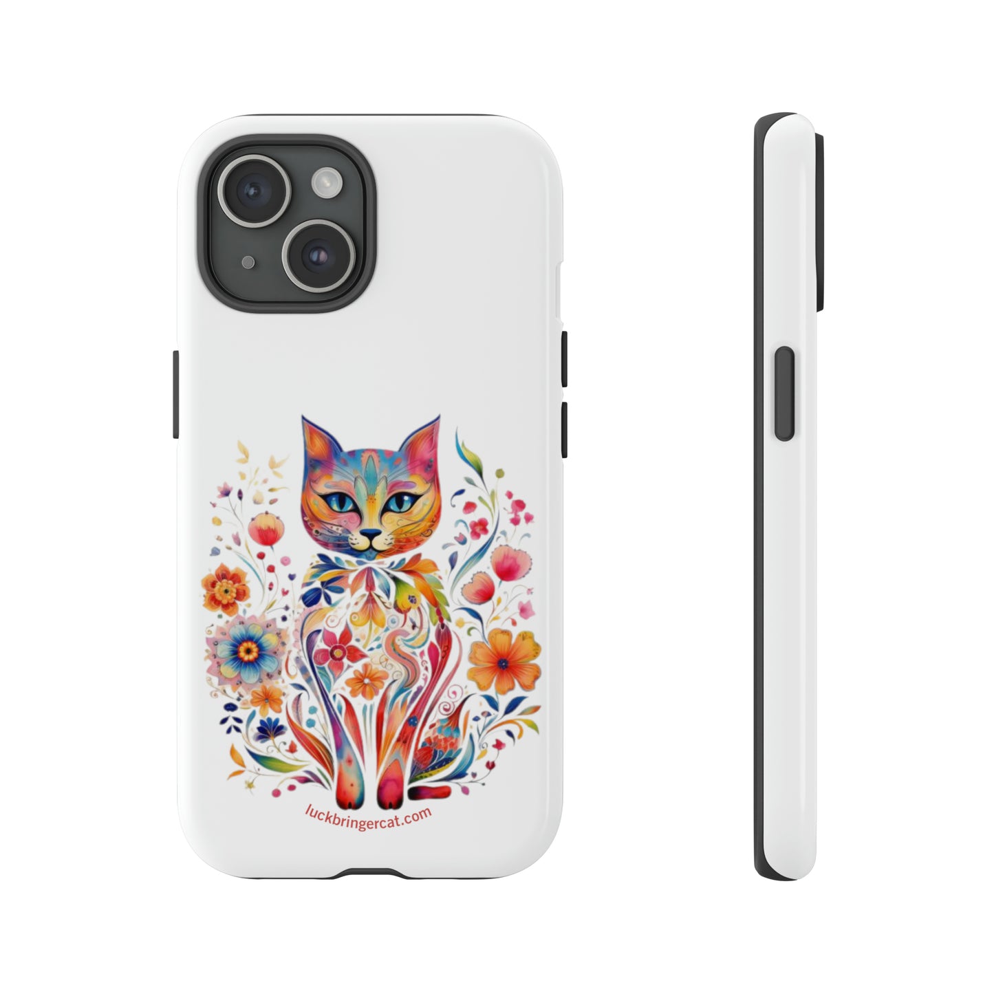 Phone Case for Cat and Flower Lovers- iPhone, Samsung Galaxy, Google Pixel- Colorful Floral Cat-White