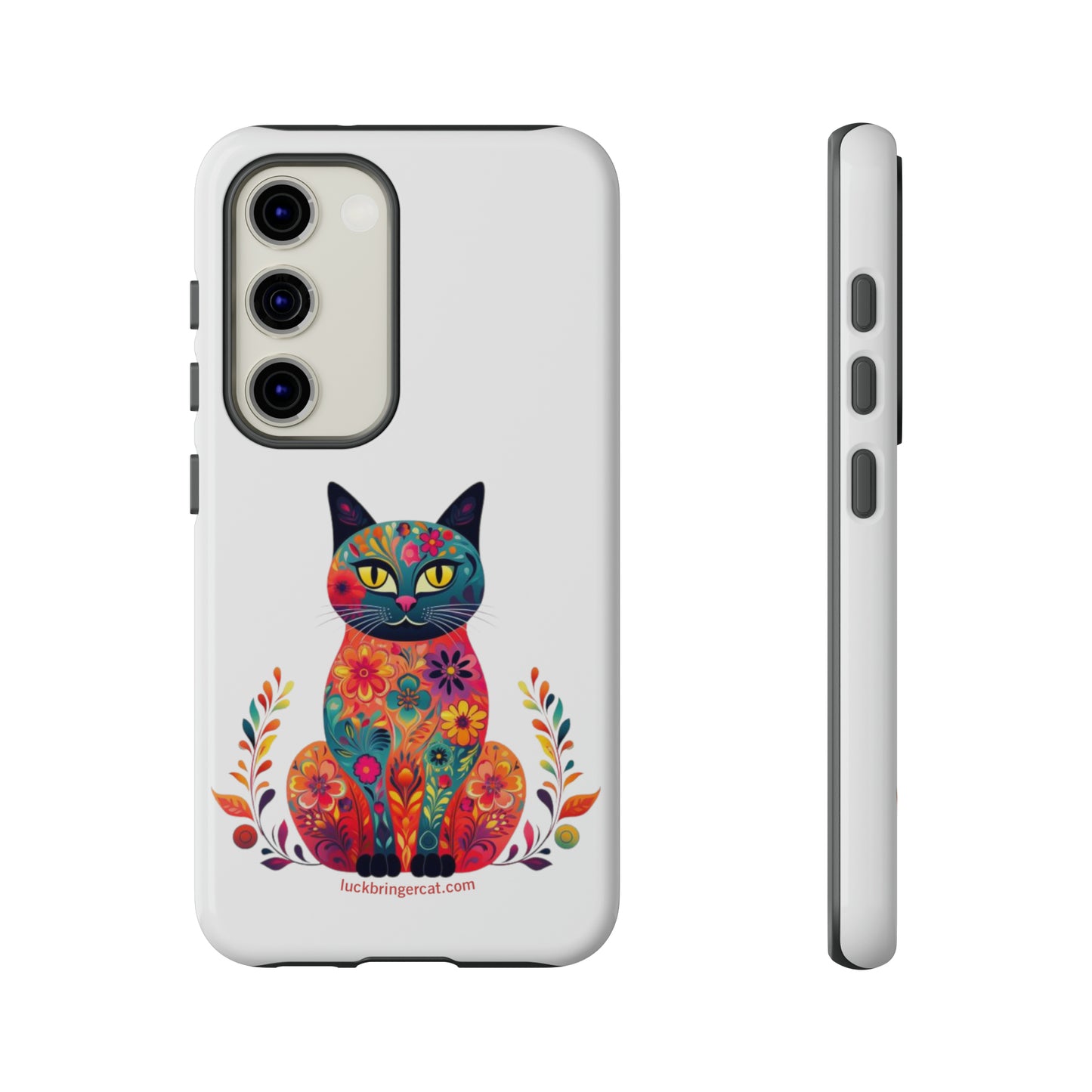 Phone Case for Cat Lovers- iPhone, Samsung Galaxy, Google Pixel- Colorful Floral Cat-White-Graphic